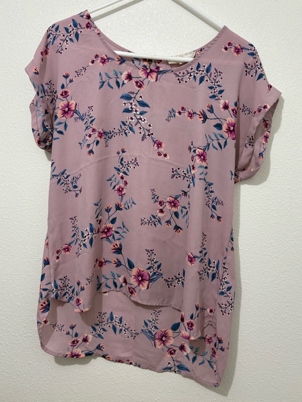 Pink Rose Women’s Blouse Size Large Top Pastel Purple Pink Blue Top